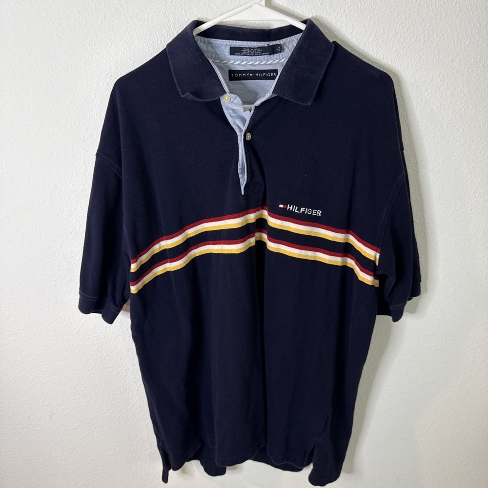 Tommy Hilfiger Men's Blue Polo Chest Striped Collared Short Sleeve Shirt Sz L